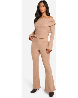 Boohoo Petite Brushed Rib Foldover Flare Trouser - Natural