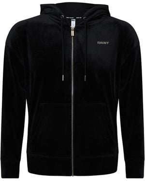 DKNY Full Zip Hooded Cardigan With Rhinestone Logo - Black