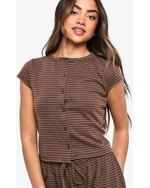 Boohoo Stripe Button Through Cap Sleeve Top - Brown
