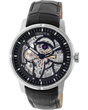 Heritor Ryder Skeleton Leather-Band Watch - Black