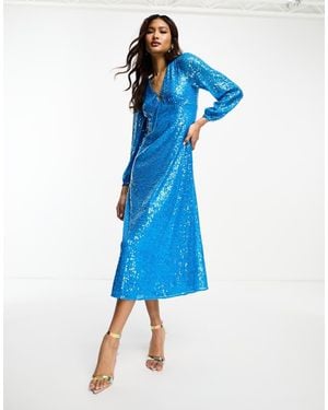 Whistles Sequin Keyhole Midi Dress - Blue
