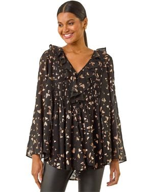 Roman Foil Heart Print Frill Front Blouse - Black