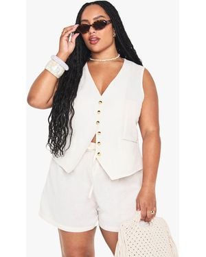 Boohoo Plus Linen Look Waistcoat And Shorts Set - White