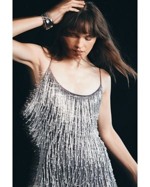 Warehouse Hand Embellished Sequin Tassel Midi Dress - Black