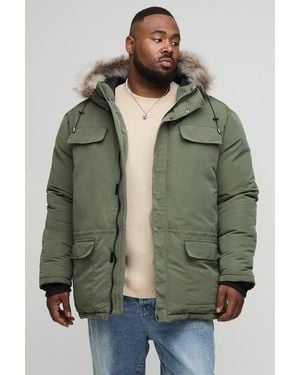 BoohooMAN Plus Faux Fur Hooded Arctic Parka Jacket - Green