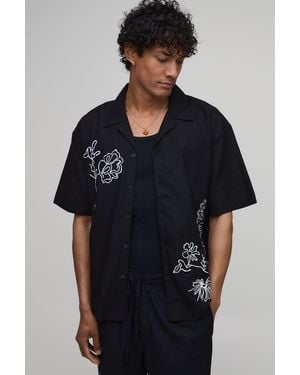 BoohooMAN Oversized Floral Sketch Linen Blend Shirt - Black