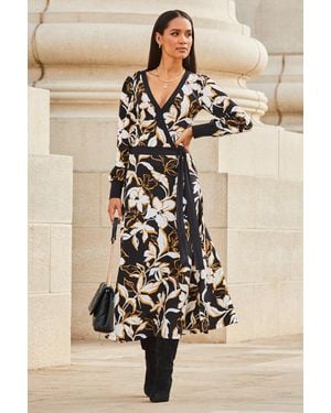 Sosandar Floral Print Contrast Trim Midi Wrap Dress - Natural