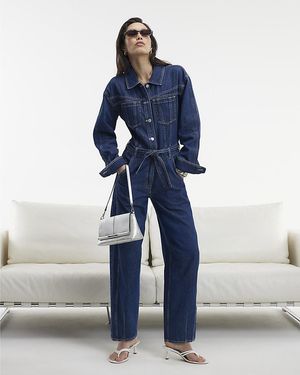 River Island Jumpsuit Utility Belted Barrel Leg Denim Cotton - Blue