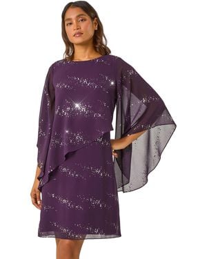 Roman Sequin Embellished Asymmetric Overlay Dress - Purple