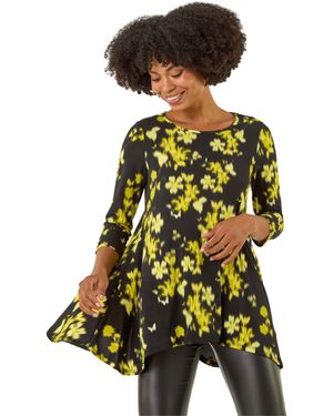 Roman Floral Print Hanky Hem Top - Yellow