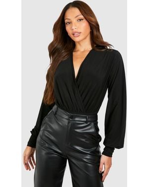 Boohoo Tall Blouson Sleeve Wrap Bodysuit - Black