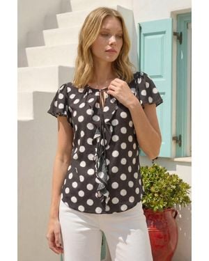 Roman Spot Print Ruffle Tie Front Top - Black