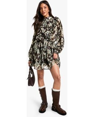 Boohoo Print Chiffon Long Sleeve Mini Dress - Black