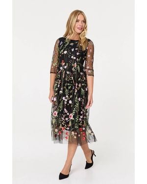 Izabel London Floral Embroidered Mesh Midi Dress - Black