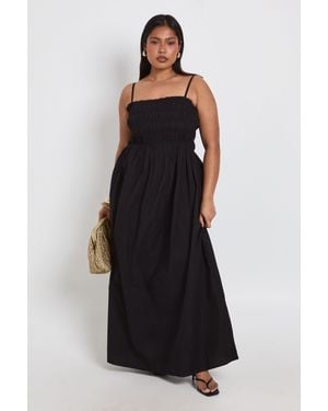Boohoo Plus Cotton Poplin Shirred Strappy Maxi Dress - Black