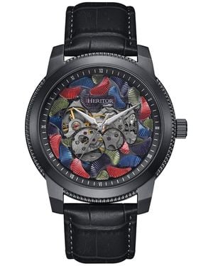 Heritor Emmanuel Semi-Skeleton Leather-Band Watch - Black
