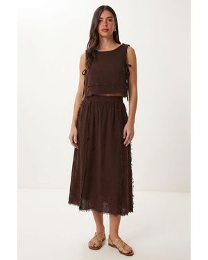 Happiness İstanbul Cotton Sleeveless Blouse And Midi Skirt Set - Brown