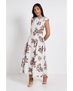 Wallis Petite Printed Ottoman Twill Cap Sleeve Midi Dress - White