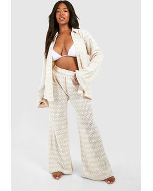 Boohoo Plus Neutral Stripe Crochet Beach Trouser - White