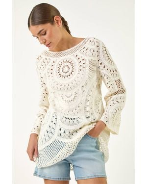Roman Longline Crochet Knit Tunic - White