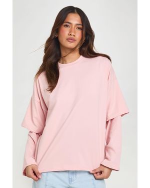 Boohoo Double Sleeve Oversized Skater T-Shirt - Pink