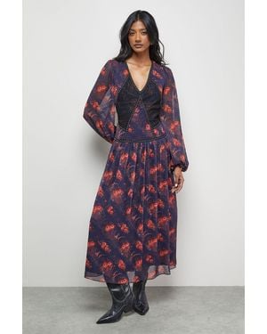 Warehouse Printed Chiffon Plunge Neck Pleated Maxi Dress - Purple