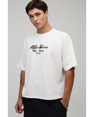 BoohooMAN Oversized Embroidered Waffle Raglan T-Shirt - White