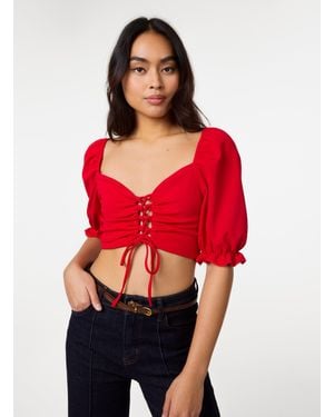 Pink Vanilla Puff Sleeve Criss Cross Detail Top - Red