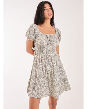Pink Vanilla Puff Sleeve Tiered Mini Dress - Grey