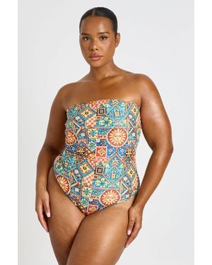 Boohoo Plus Tile Print Bandeau Swimsuit - Blue