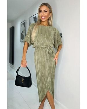 AX Paris Light Short Sleeve Tie Waist Plisse Midi Dress - Green