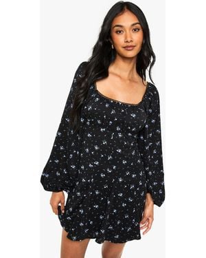Boohoo Floral Milkmaid Godet Hem Long Sleeve Mini Dress - Black