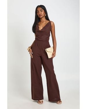 Boohoo Linen Cowl Neck Wide Leg Jumpsuit - Brown