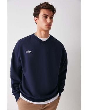 Grimelange Oversized V-Neck Ribbed Sweatshirt - Blue