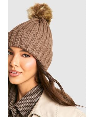 Boohoo Ribbed Knit Beanie With Large Faux Fur Pom - Brown