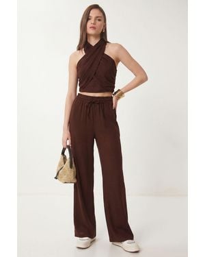 Happiness İstanbul Halter Blouse And Wide-Leg Trousers Set - Brown