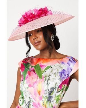 Coast Lisa Tan Flower And Mesh Wide Brim Hat - Pink