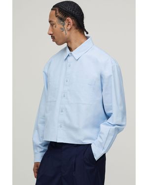 BoohooMAN Boxy Fit Cropped Long Sleeve Oxford Shirt - Blue