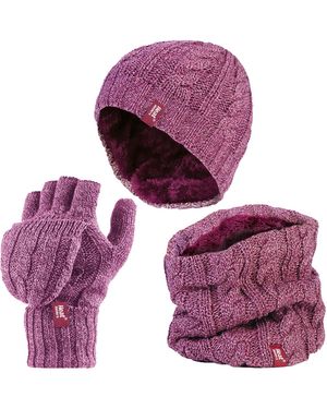 Heat Holders Thermal Winter Fleece Hat, Neck Warmer And Converter Gloves Set - Purple