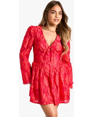 Boohoo Petite Jacquard Floral Corset Detail Skater Dress - Red