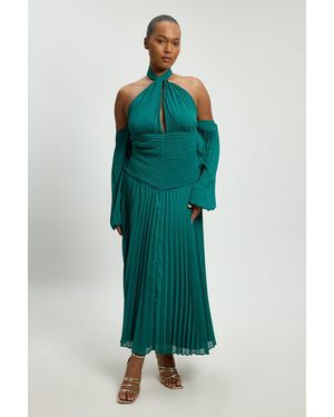 Karen Millen Plus Size Crinkle Cold Shoulder Georgette Woven Maxi Dress - Green