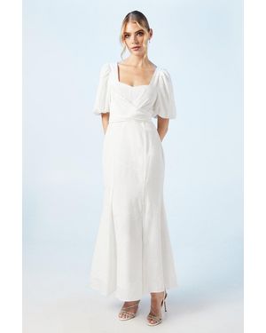 Oasis Puff Sleeve Satin Jacquard Wrap Waist Wedding Dress - White