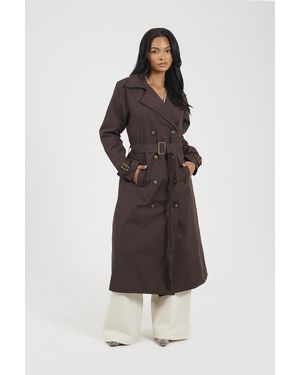 Brave Soul Double-Breasted Longline Trench Coat - Brown