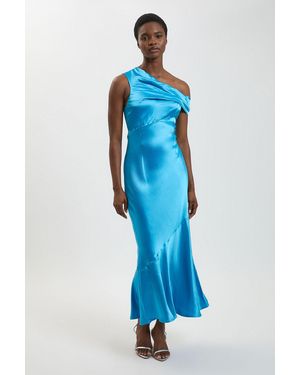 Karen Millen Viscose Satin Asymmetric Shoulder Maxi Dress - Blue