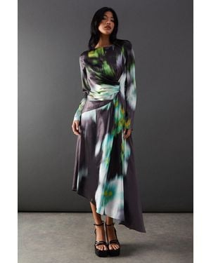 Warehouse Printed Satin Knot Front Asymmetric Hem Midi Dress - Black