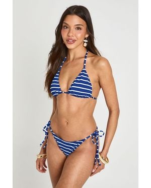 Boohoo Crinkle Stripe Triangle Top And Tie Side Bikini Bottom - Blue