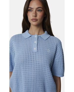Good For Nothing Cropped Pointelle Knit Polo Shirt - Blue