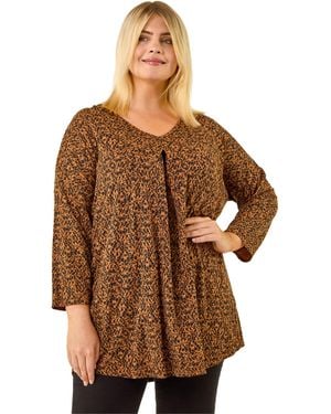 Roman Curve Spot Print V-Neck Tunic Top - Brown