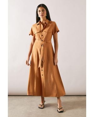 Wallis Viscose Linen Pocket Shirt Midaxi Dress - Brown