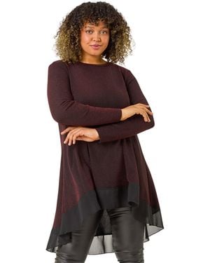 Roman Curve Glitter Chiffon Hem Tunic Top - Red